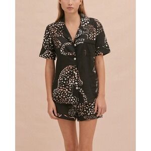 Desmond & Dempsey Leopard Print Cotton Pajama Top Black Pink Womens Medium